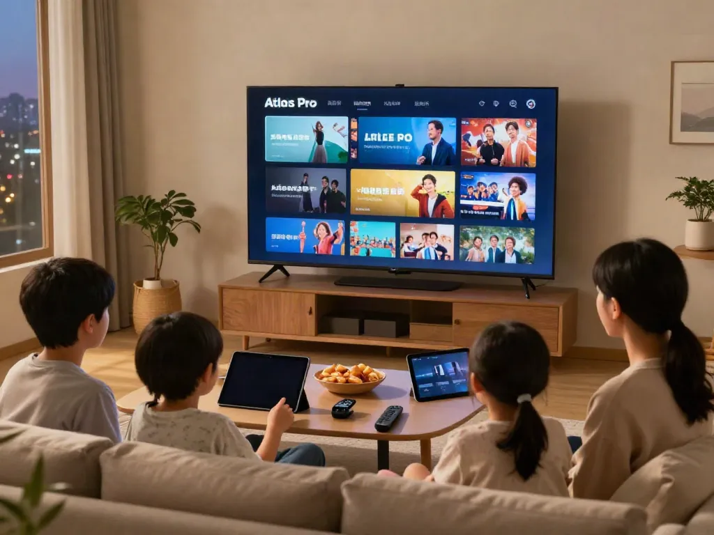 Expérience familiale avec Atlas Pro sur TV et appareils mobiles dans un salon moderne
