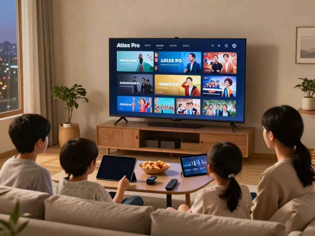 Expérience familiale avec Atlas Pro sur TV et appareils mobiles dans un salon moderne
