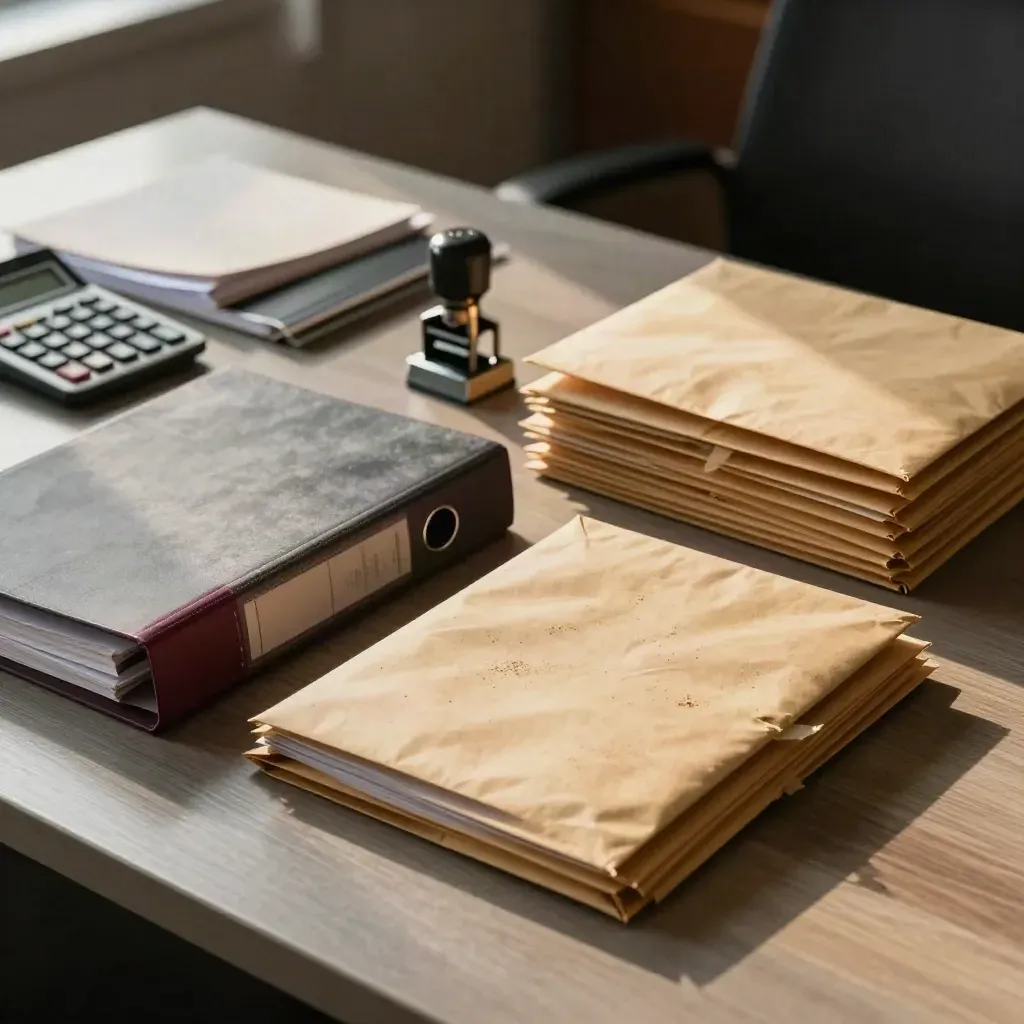 Classeurs fiscaux, calculatrice éteinte et tampon métallique sur une table, lumière de fin d’après-midi.