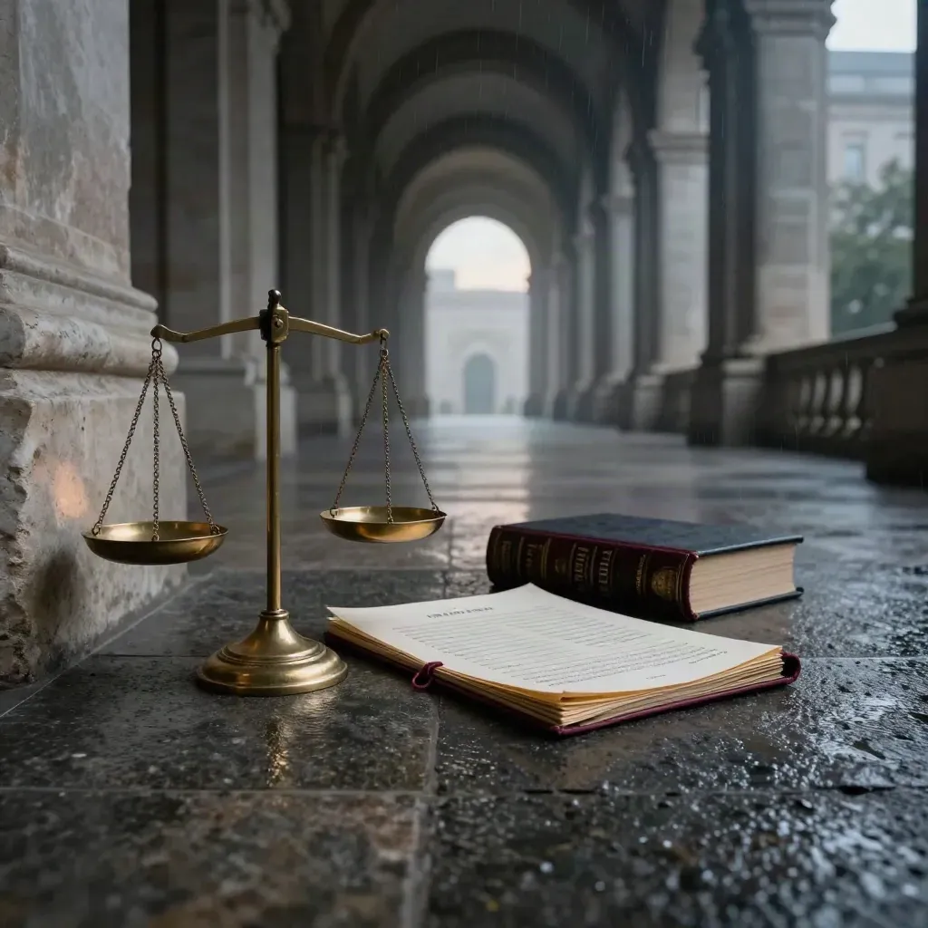 Balances, dossier criminel et livre sombre dans une arcade de palais humide à l’aube.