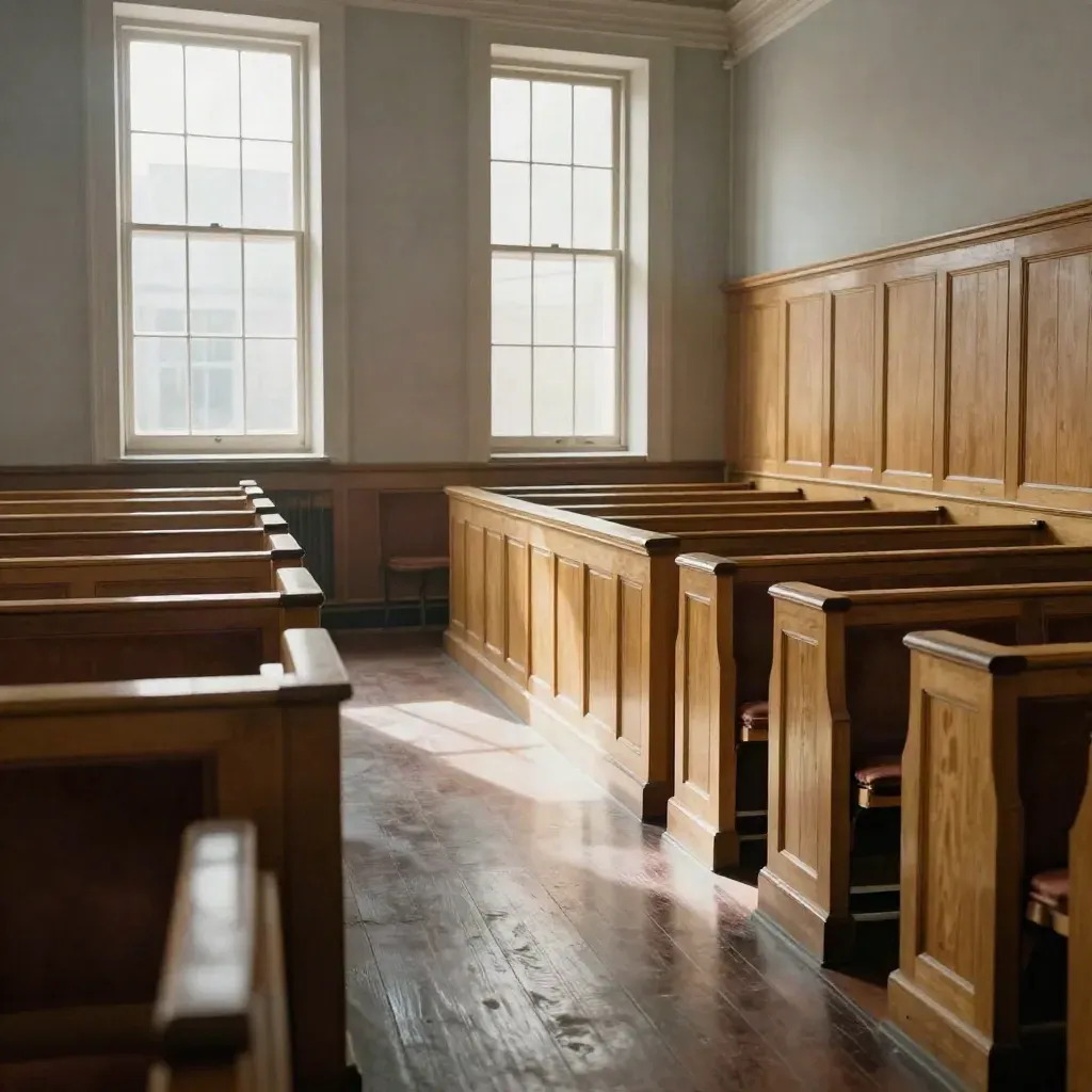 Salle d’assises vide au matin, banc du jury et barre, soleil en bande sur boiseries blondes.