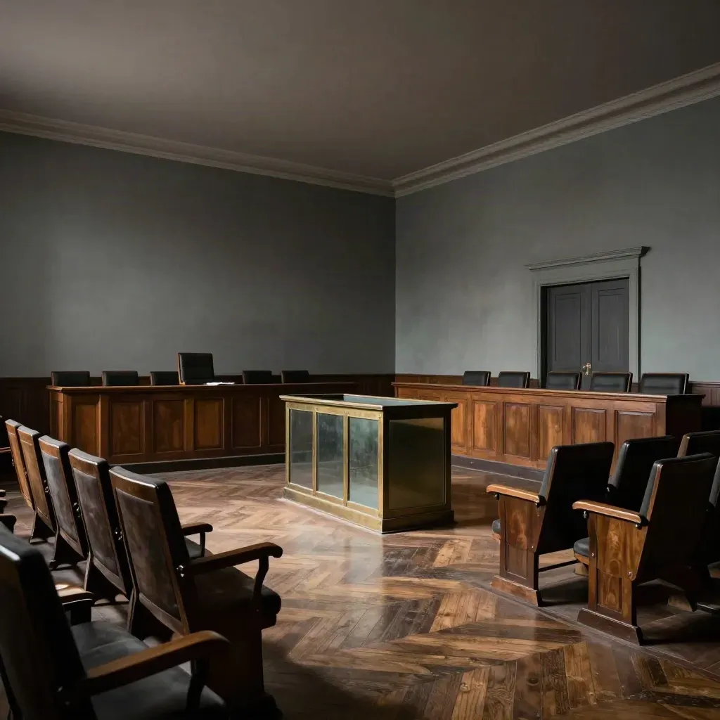 Salle d’assises vide, fauteuil du président, box vitré et parquet éclairé par l’après-midi.