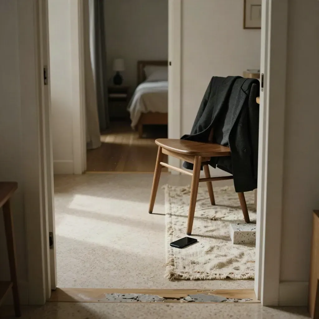 Appartement vide après départ précipité, chaise renversée, manteau oublié, téléphone face cachée.