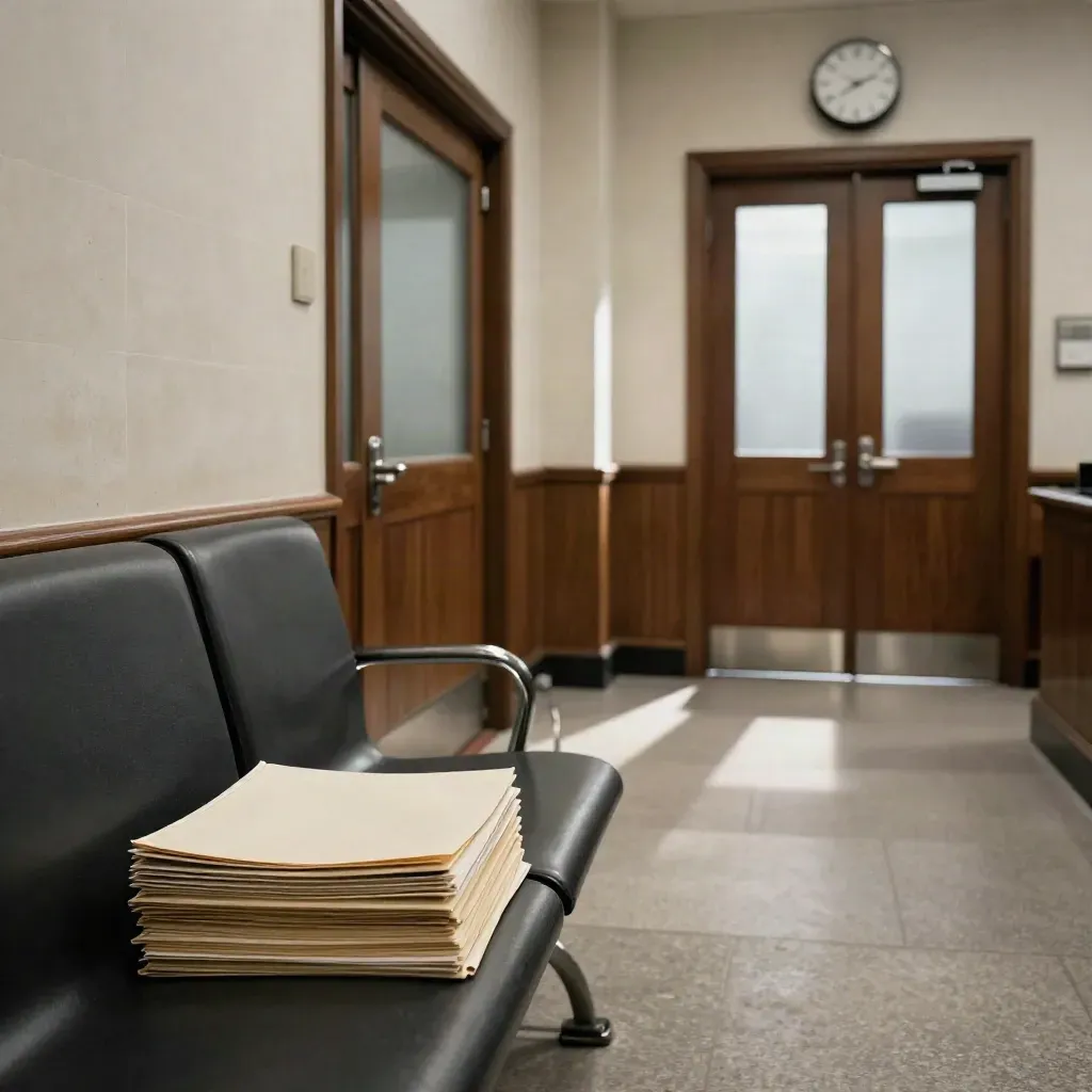 Couloir de tribunal vide avec banc d’attente, dossiers clos et horloge murale floue.