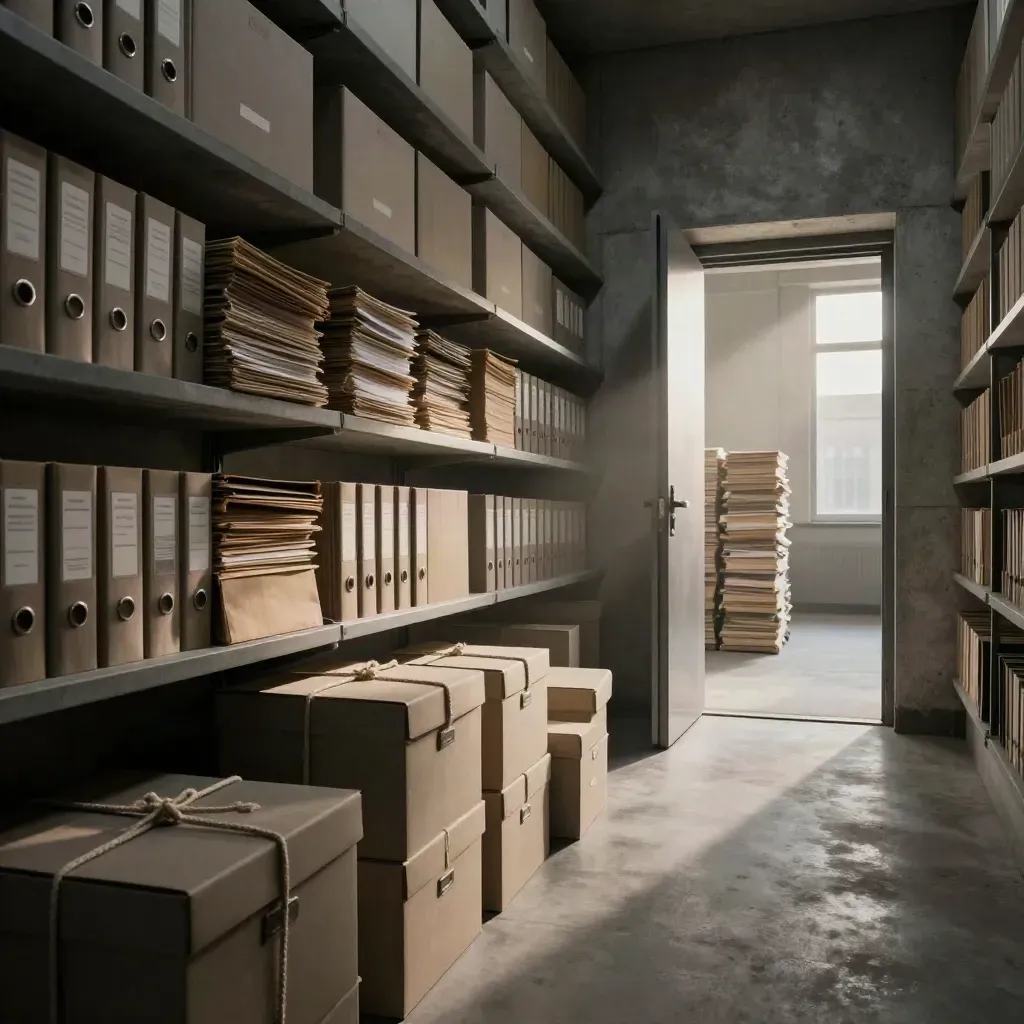 Salle d’archives judiciaire à l’aube, boîtes ficelées et rayonnages en béton, lumière dramatique.