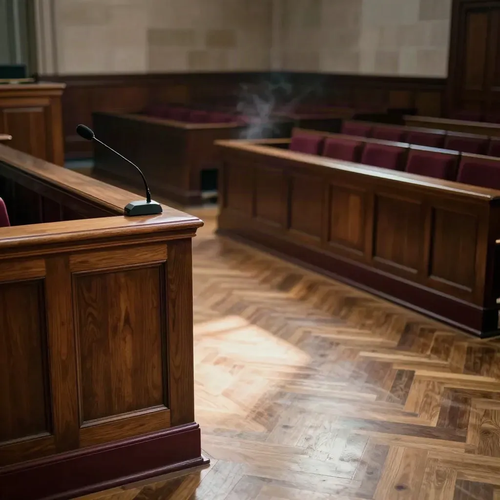 Zone des témoins vide dans une salle d’audience, micro, barre et parquet éclairés en diagonale.