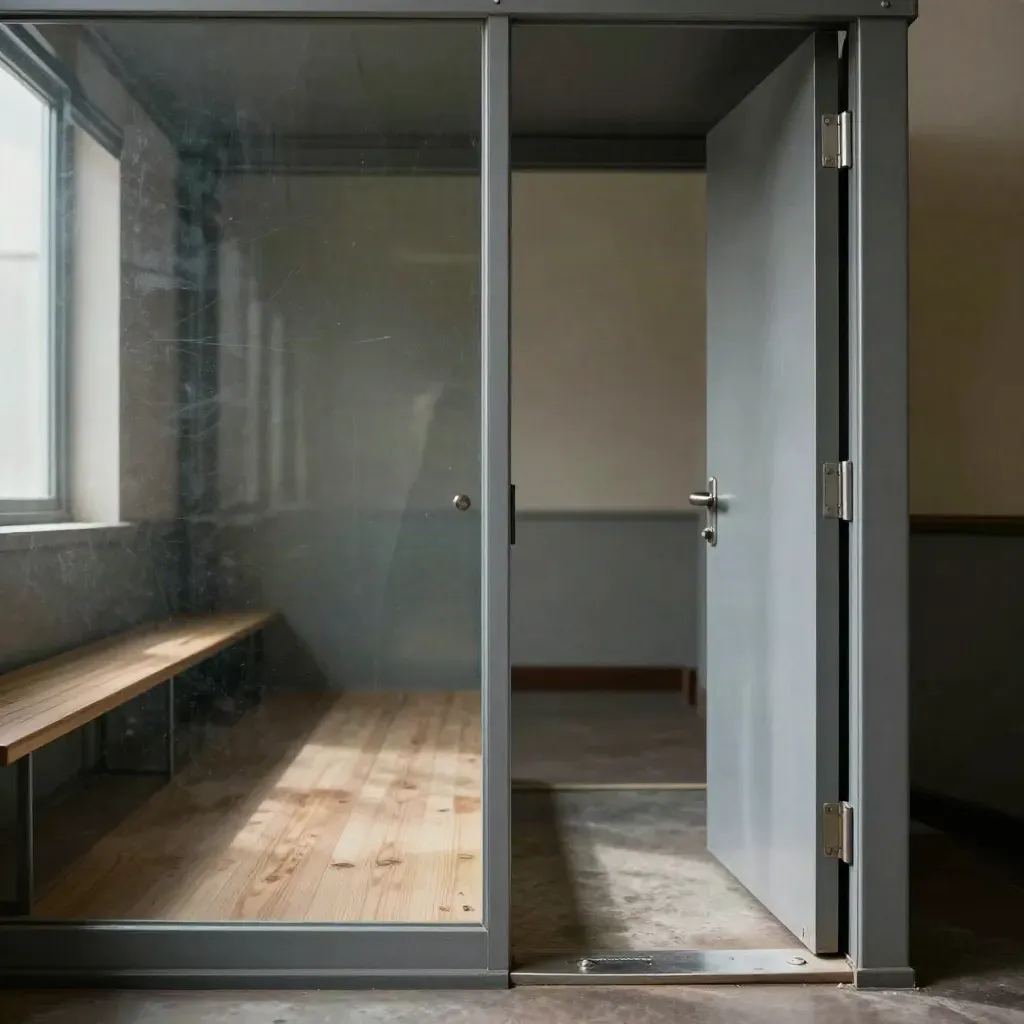 Box des accusés vide, vitre, banc étroit et porte entrouverte laissant filer la lumière.