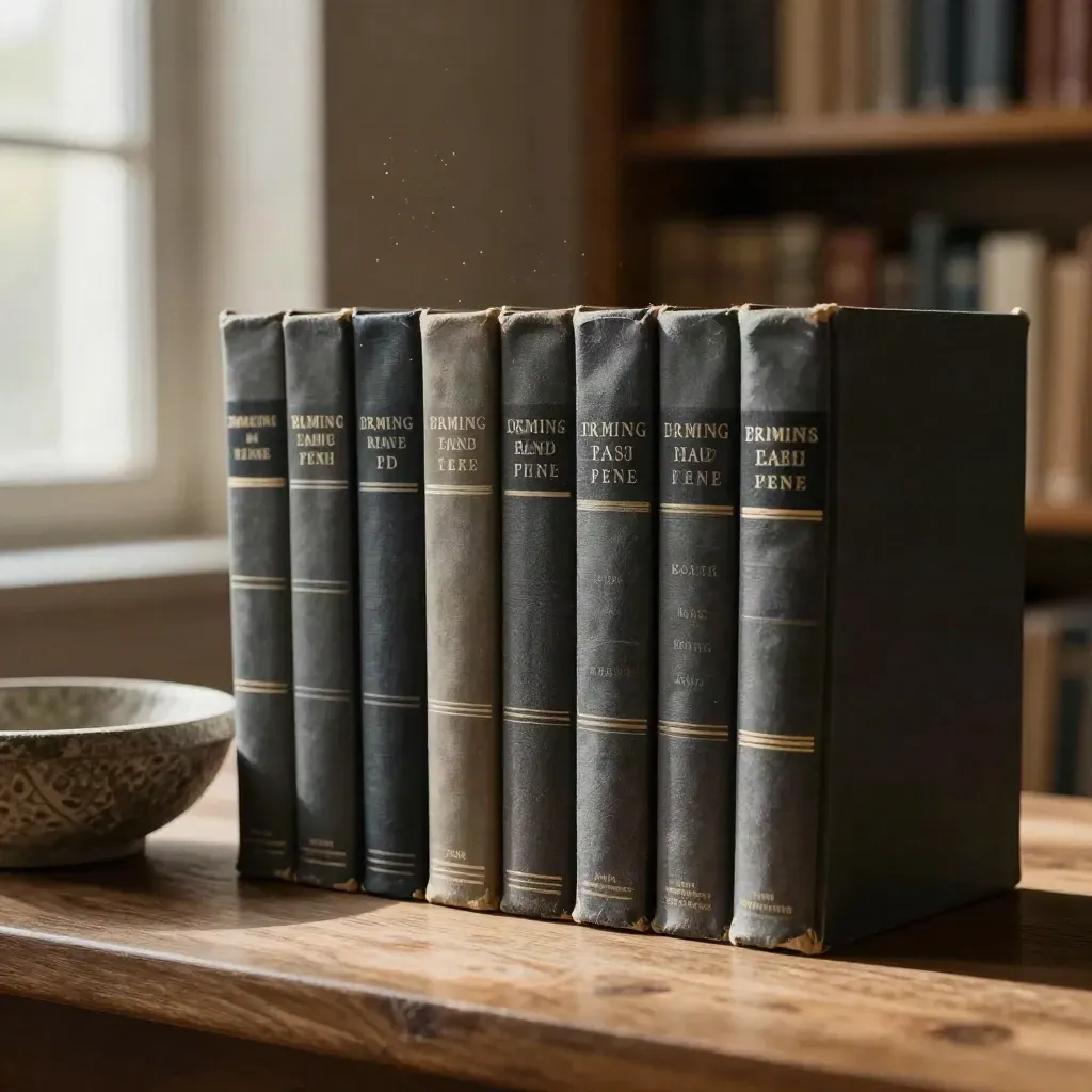 Livres à reliures sombres et coupe en pierre, lumière chaude dans une bibliothèque.