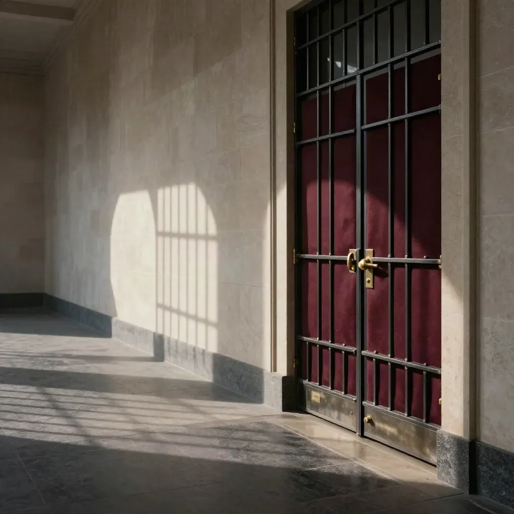 Couloir de tribunal austère avec porte capitonnée et ombres de barreaux.