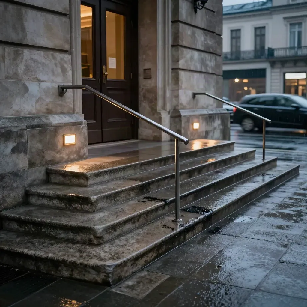 Entrée d’un palais de justice au crépuscule, marches mouillées et reflets flous de voitures.