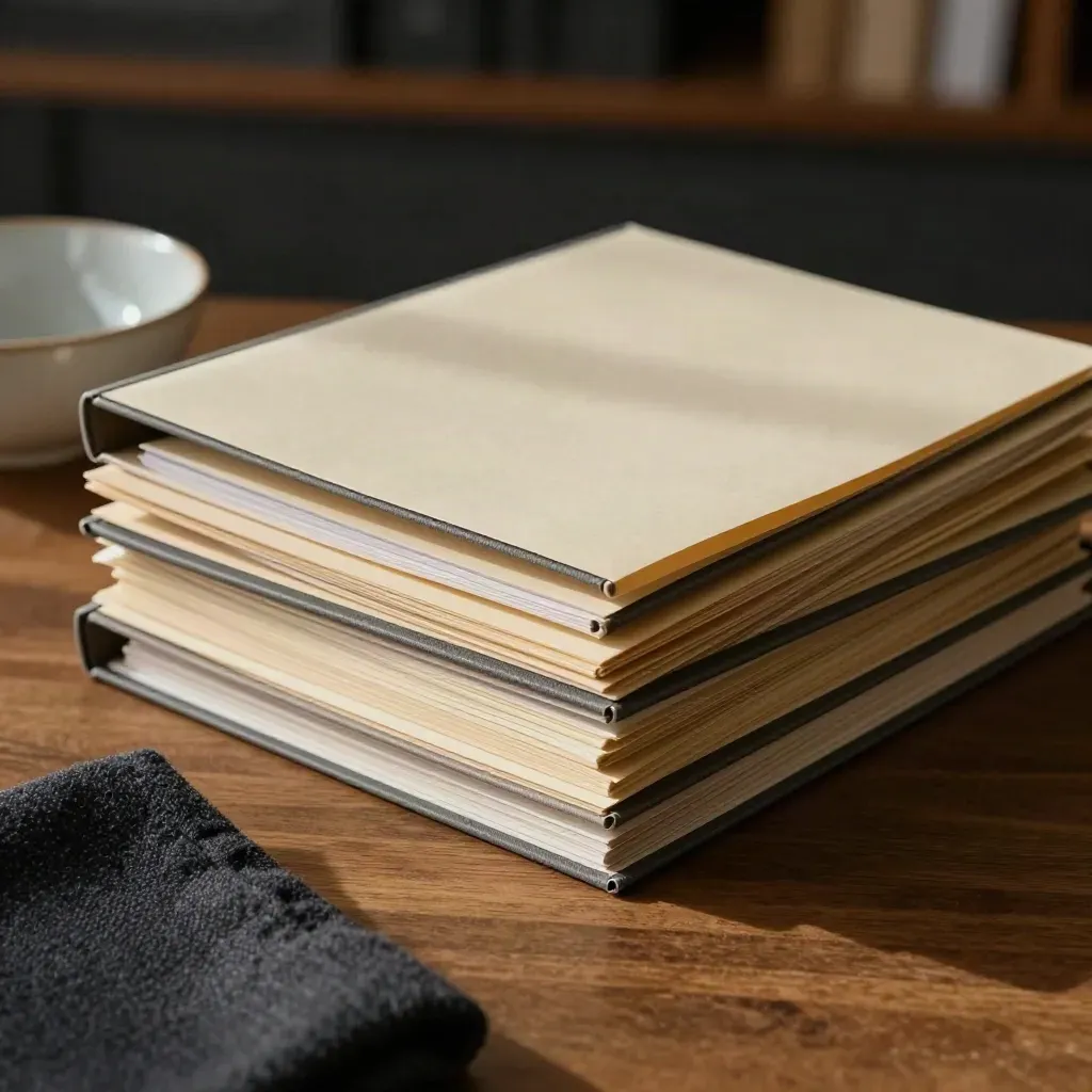 Pile de dossiers fermés sur un bureau, coupelle en céramique et tissu sombre en lumière douce.