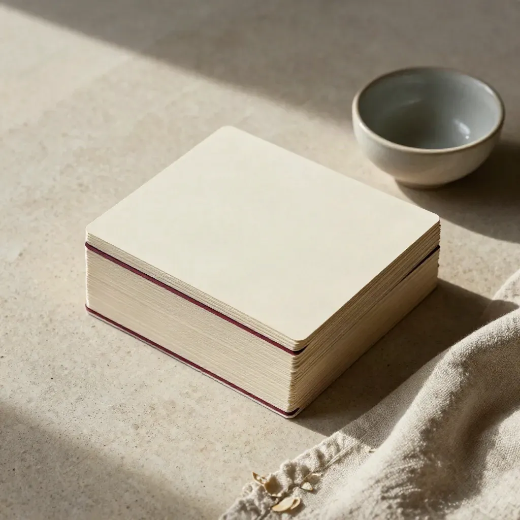 Fiches-cartons crème, séparateurs colorés et bol en grès sur fond de pierre claire.