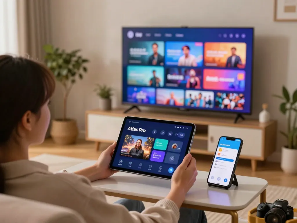 Une personne utilisant Atlas Pro pour regarder des chaînes TV en direct et des films dans un salon confortable.